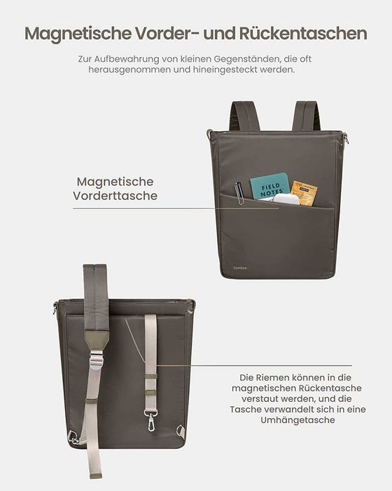 tomtoc раница за лаптоп, дамска 3-посочна чанта през рамо, раница