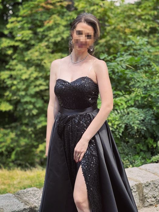 Trenă neagră din tafta grea, rochie nașă / de seara / deosebită