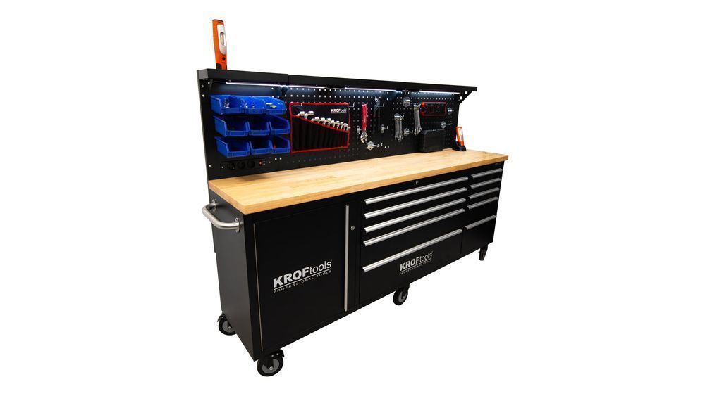 Banc de lucru metalic profesional 10 sertare, blat lemn masiv, panou i