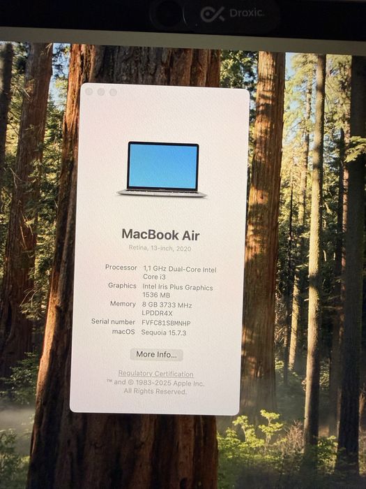 MacBook Air 13” Retina 2020, Intel i3, 8GB RAM, 256GB SSD