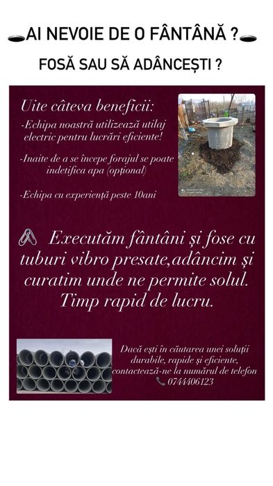Executam fântâni și fose,adâncim și curățim unde ne permite solul!!