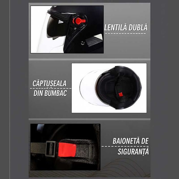 Casca Moto/Scuter/ATV, viziera dubla, marime universala, Negru Lucios