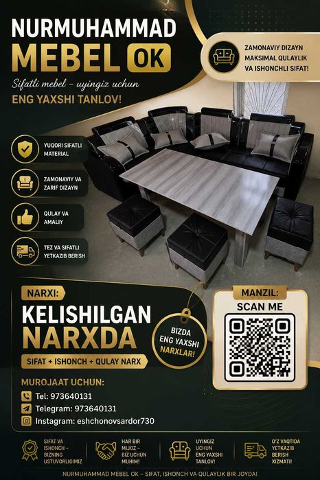 Yangi burchakli divan va stol toʻplami (Ugolok)