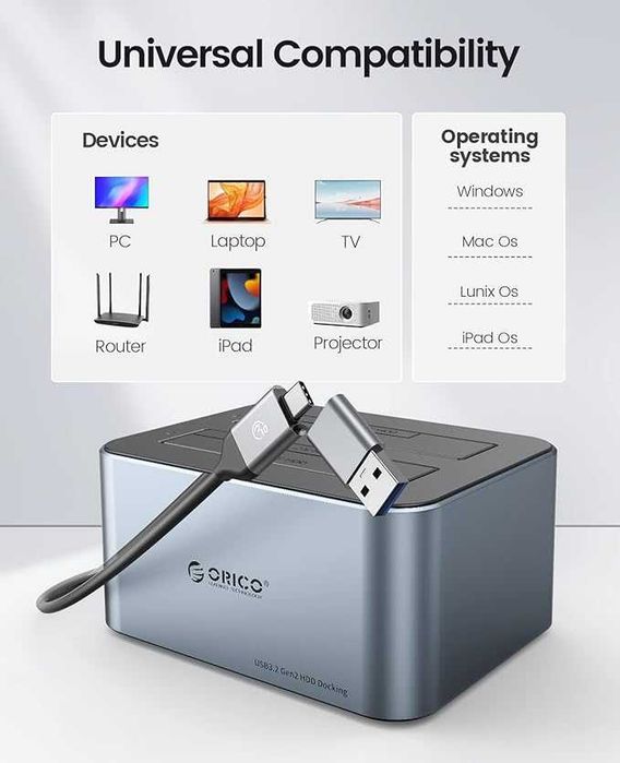 Док-станция ORICO 2-Bay (2.5" / 3.5" SATA HDD/SSD) для жестких дисков