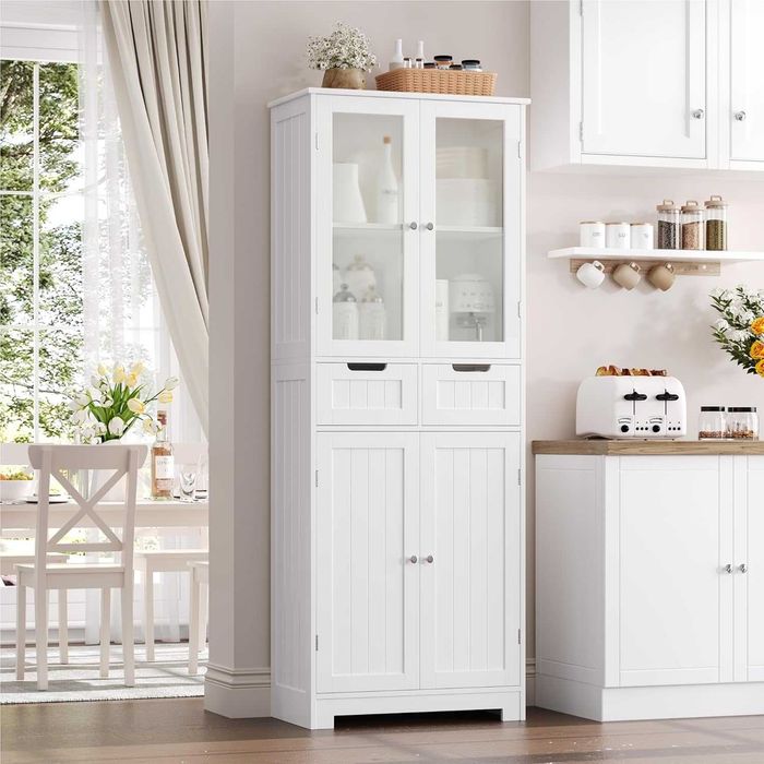 Висок шкаф за баня, стъклена врата и рафтове, 2 чекмеджета, бял