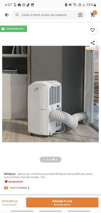 Aerconditionat portabil 12000BTU Whirpool cu garanție