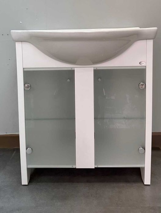 Бял долен шкаф за баня 75 см със стъклени врати - мивка маями