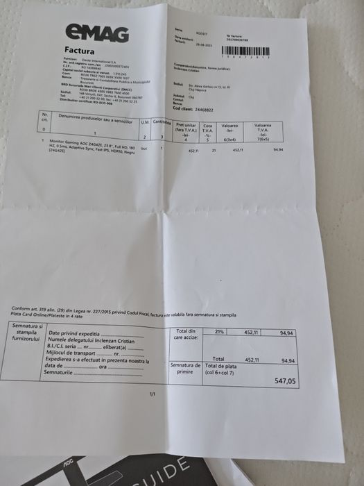 monitor AOC de vânzare încă în garanție
