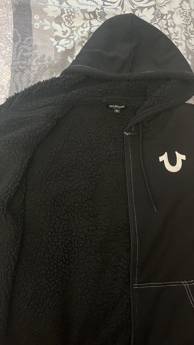 True Religion Black Logo Seal Sherpa Zip Hoodie Fleece