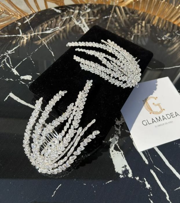 Diadema mireasă dublă model ramuri dantelate, Luisiana, zirconii cubice, placată aur alb