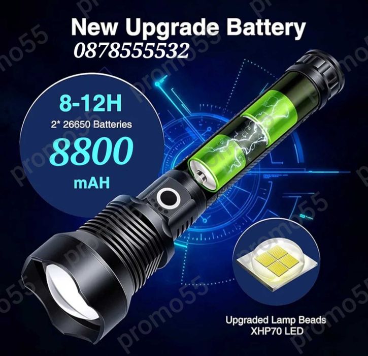 USB Акумулаторен лед фенер Police 900 000W водоустойчив с увеличение