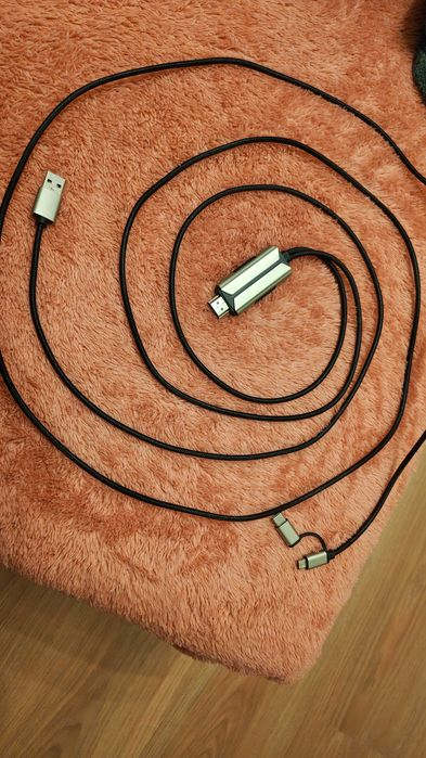2-метров HDMI към USB‑C, USB-A, MICRO-USB плетен кабел с метални конектори, нов
