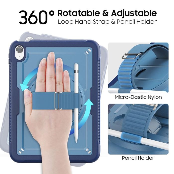 Husă SEYMAC pentru iPad 11" / 10.9" Rotativă 360° cu Curea și Protecție Ecran – Albastru