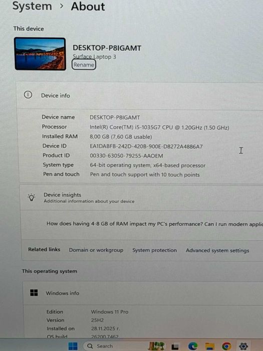 Microsoft Surface Laptop 3 I5-1035G7/8RAM/256SSD/Iris Plus/QHD Touch