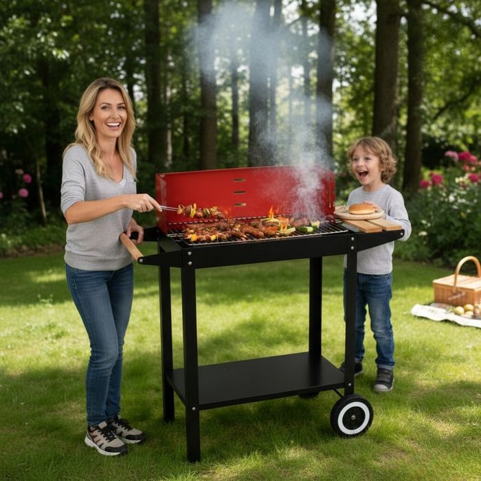 Градинско барбекю на колела, емайлирана стомана, 4 степени + Подарък 3