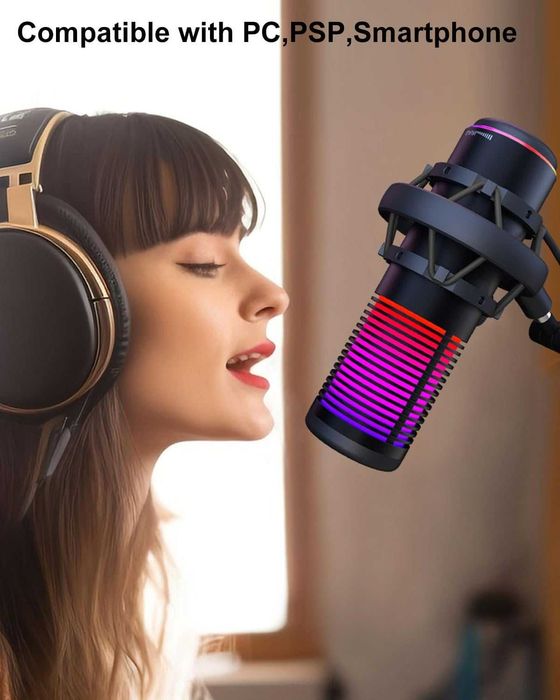 USB микрофон за игри HITOZON, USB кондензаторен микрофон с RGB