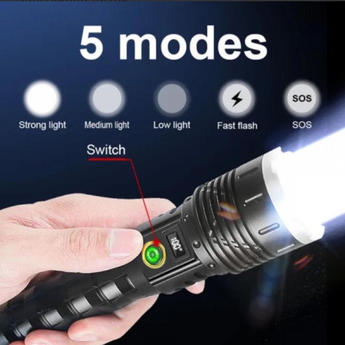 Мощен LED фенер JMK голям,USB зареждане с дисплей за заряда на батерия