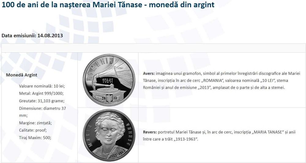 Moneda BNR 10 lei argint Maria Tanase gradata NGC PF 69 UC