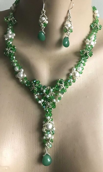 Colier si cercei handmade cu perle,cristale verzi,argint si amazonit