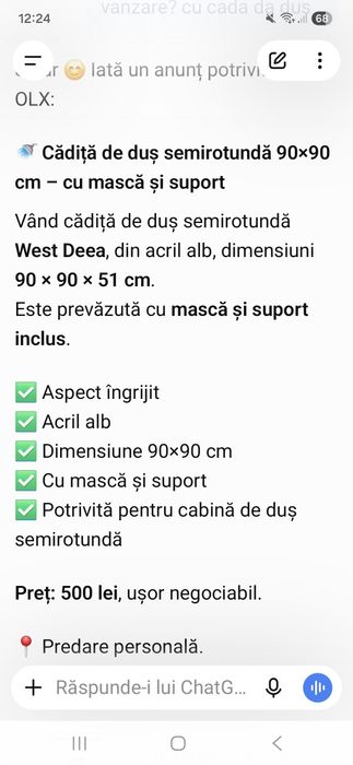Vand cada de dus complet echipata