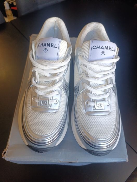 Chanel CC Logo Metallic Trainer White Silver