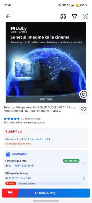 Televizor Philips Ambilight OLED 55OLED707, 139 cm, Smart Android, 4K