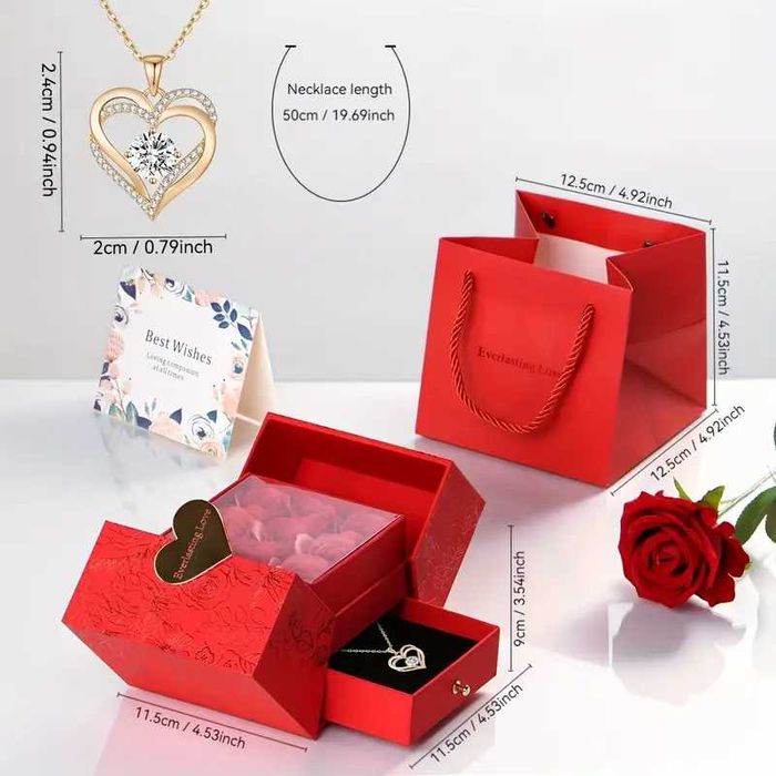 Златно колие с камъни Обичам те в луксозна кутия с рози Подарък 3 вида
