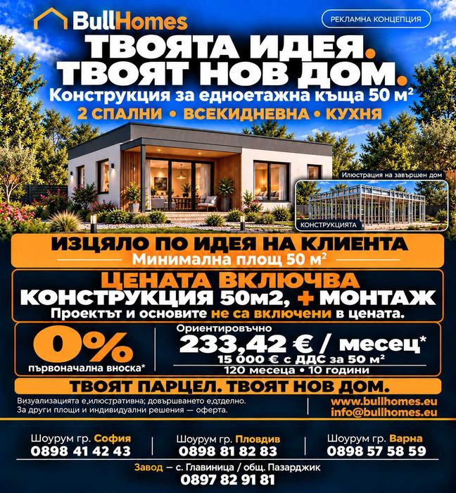 50м2 конструкция за сглобяема къща 120 месеца х 233 евро с включен монтаж и 0% аванс