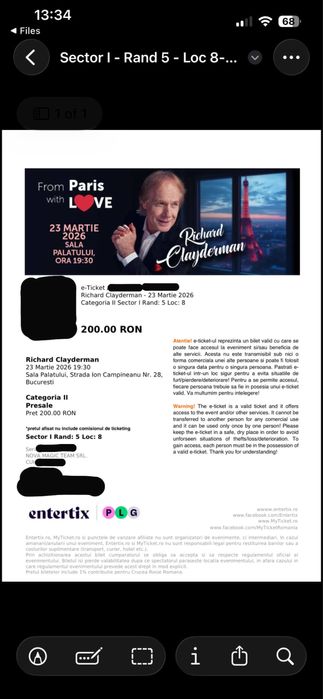 2 bilete Richard Clayderman 23 Martie Sala Palatului