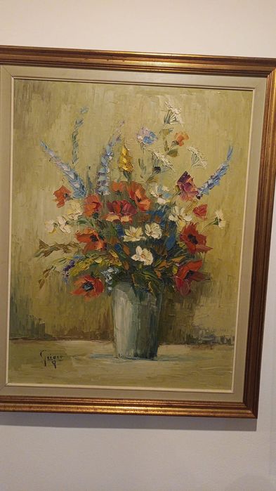 Pictură veche  deosebita în cutit  ulei reprezentând un buchet de flor