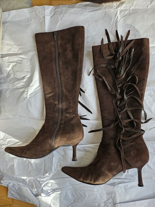 Cizme din piele naturala captusite cu piele, mar. 37, nubuc, franjuri