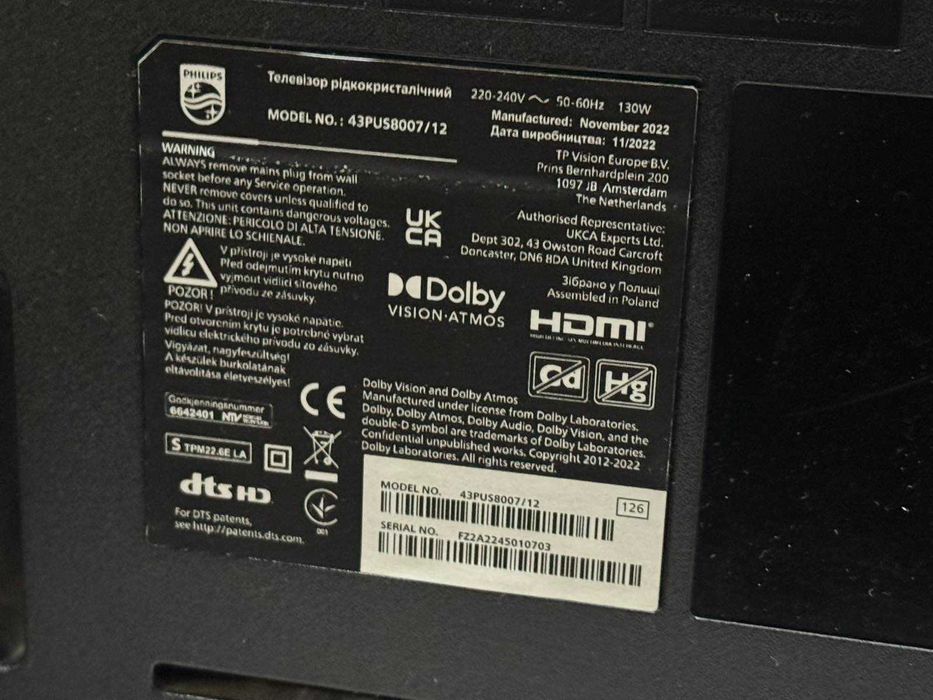 Смарт телевизор Philips - 43PUS8007/12, 43'', UHD, 4K LED, Black