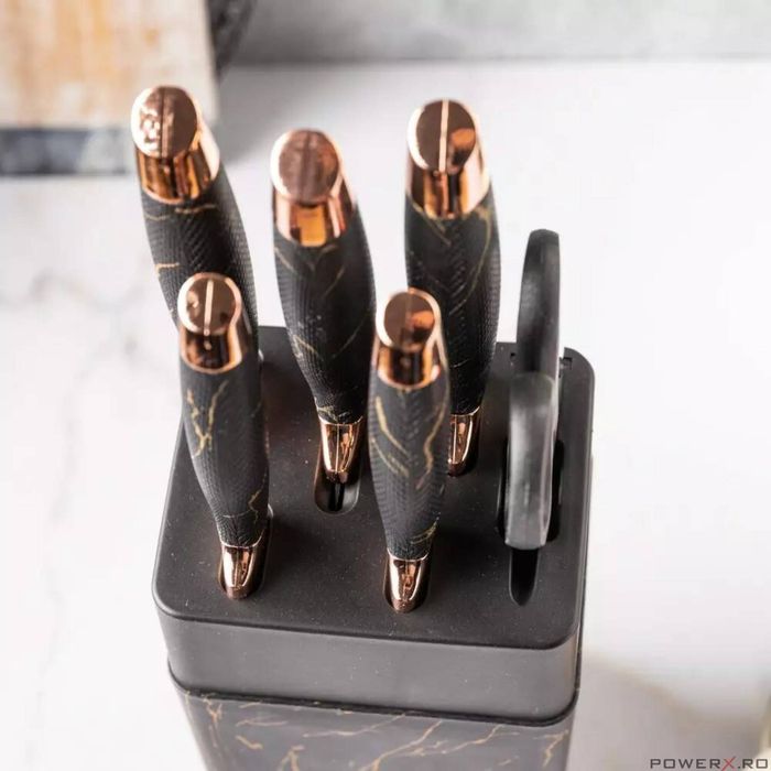 Cutite de bucatarie cu suport, set de 7 piese, model negru, Klausberg