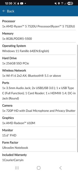 Lenovo IdeaPad Slim 3 - 15' (Ryzen 5 7520U) 8GB/256GB SSD – Всичко работи, нов Windows, счупен екран