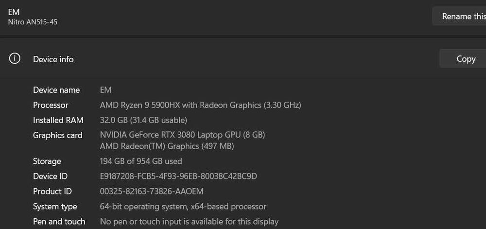 Продавам Acer Nitro 5 AN515-45 – Ryzen 9 5900HX / RTX 3080 / 32GB RAM / 1TB SSD / 144Hz