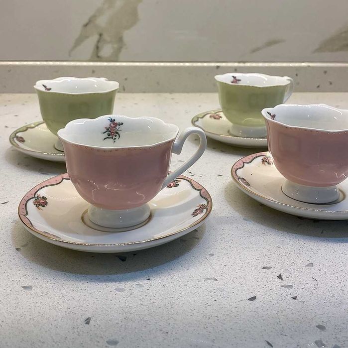 Комплект 2 чаши за кафе с чинийки, Ретро/Романтика, ПОРЦЕЛАН, 90 мл