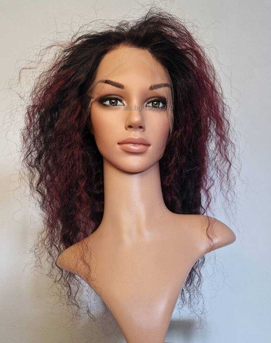 Естествена афро перука черна с тъмно червени кичури с дантела 13х4