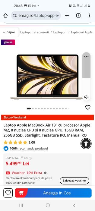 Apple MacBook Air 13" cu procesor Apple M2, 8 nuclee CPU si 8 nuclee