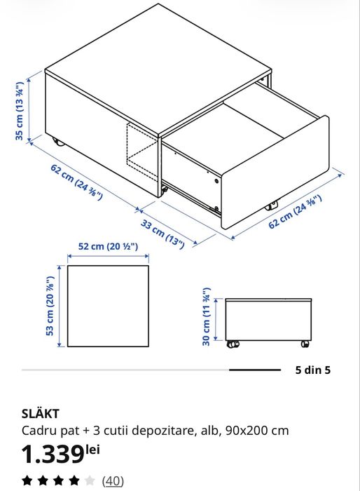 Pat copii/adolescenti Ikea Slakt 90x200 cm cu depozitare +somiera