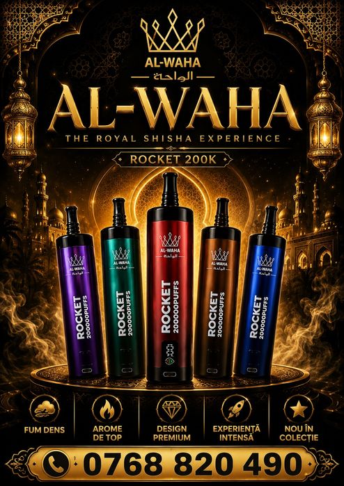 PREMIERĂ ÎN ROMÂNIA! AL-WAHA Rocket 200k, cel mai nou Vape cu arome intense și fum dens, aspect de lux, calitate superioară!