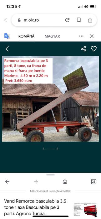 Remorca basculabila pe 3 parti 8 tone 4.50 m x 2.20m
