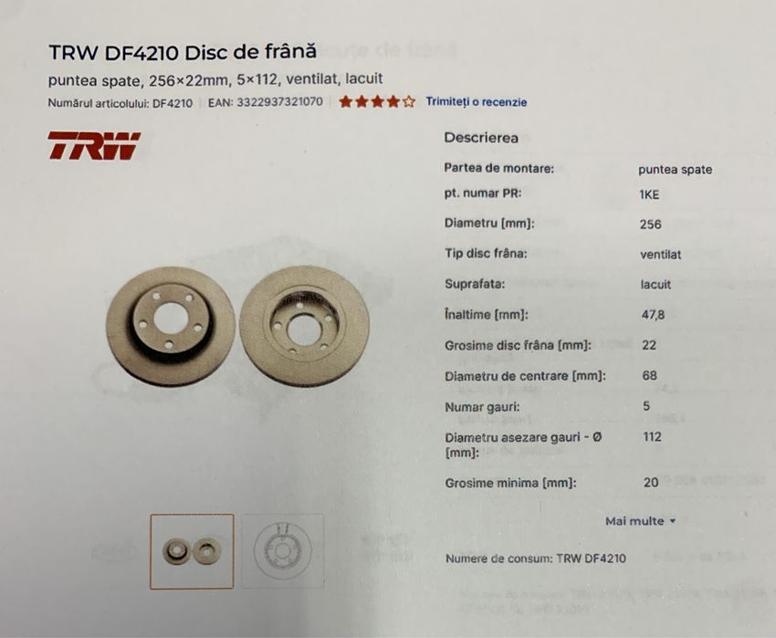 Discuri frana Audi A4 B5 ventilate spate TRW