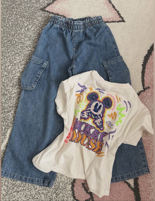 Blugi h&m 116 + tricou mickey fetita