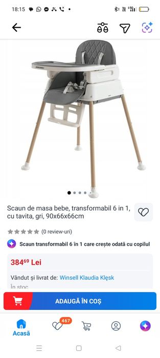 Scaun de masa bebe gri cu tăviță detașabilă in stare foarte buna