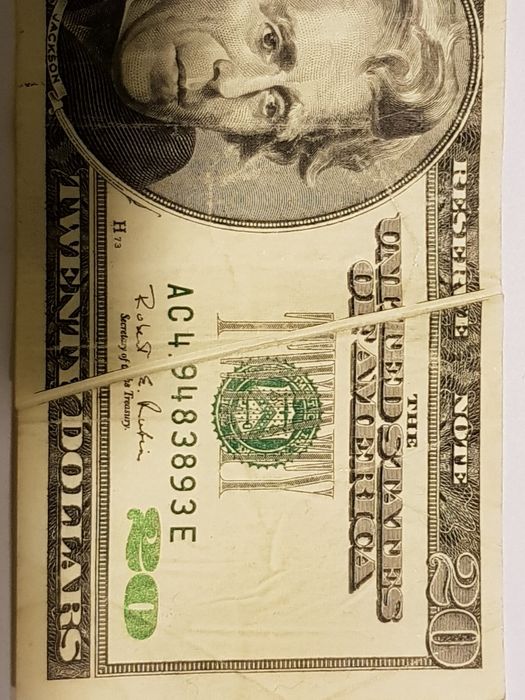 Много рядка 20 доларова банкнота с дефект при отпечатването