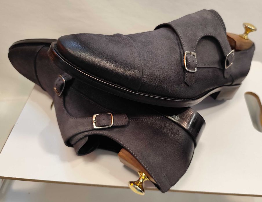 Pantofi double monk 42 42.5 de lux Lavoratione Artigianale NOI piele naturala suede gri