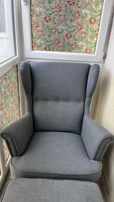 Fotoliu IKEA STRANDMON Scaun cu braţe, Nordvalla gri închis