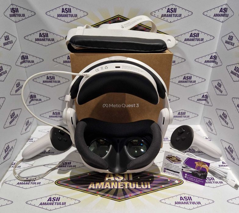 Asii Amanetului - Ochelari VR Meta Quest 3, 512GB cu baterie externa Model GSV-0040, capacitate 6000 mAh, 2 controllere si accesorii