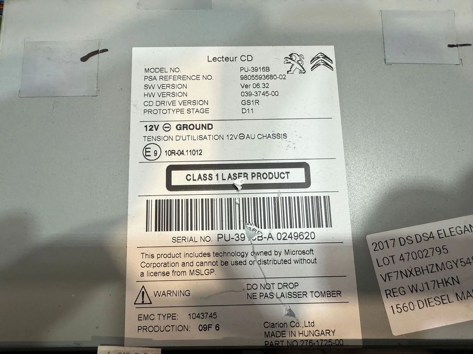 SISTEM AUDIO RADIO CD MULTIMEDIA CITROEN DS DS4 II 1.6 DIESEL 2017 COD OEM 980559368002 2015-2019