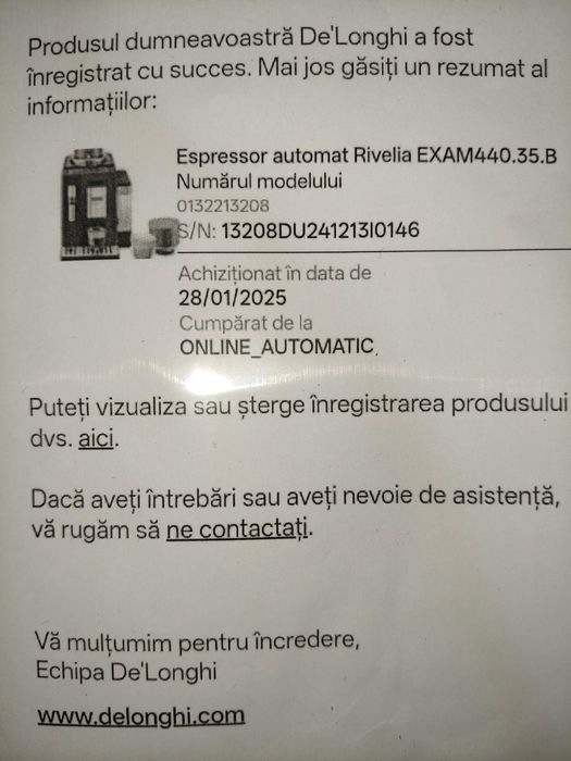 Espresor DeLonghi Rivelia garanție 1 An Impecabil.